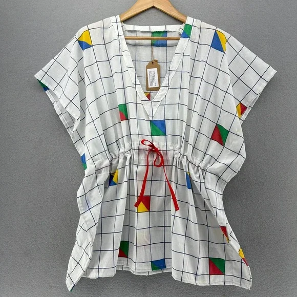 VTG Upcycled Kaftan Swimsuit Coverup 80s Style Geometric Print White SZ S-XL 90s - Picture 1 of 9